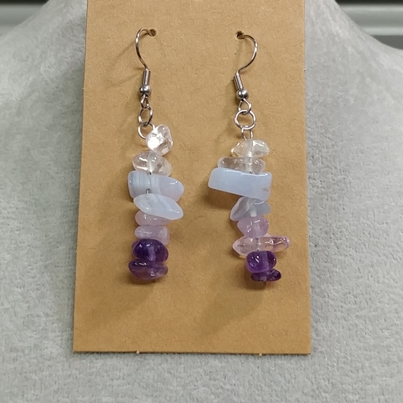 Amethyst Quartz Crystal Blue Lace Agate Earrings Natural Gemstone Chip Beaded - Picture 9 of 10